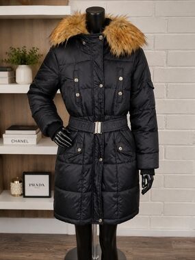 Women's Black Quilted Belted Puffer Coat with Fur Trim